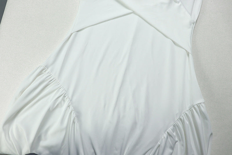 Elegant women's solid color pleated A-line V-neck short-sleeved low back long dress formal party dress 18