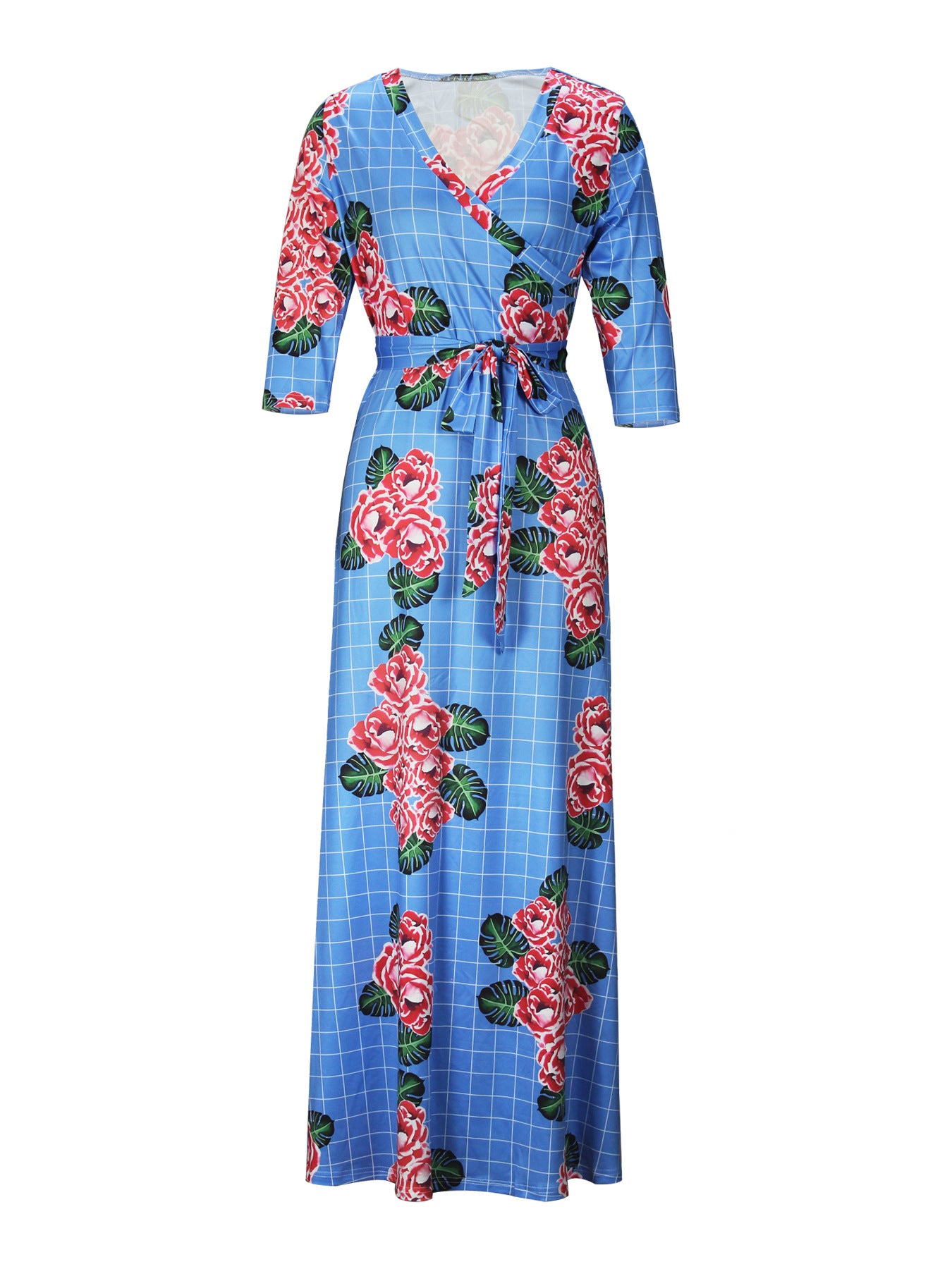 Spring & Autumn Women's Fashion Elegant Wrap V-Neck Half-Sleeve Print Belt Maxi Dress 74
