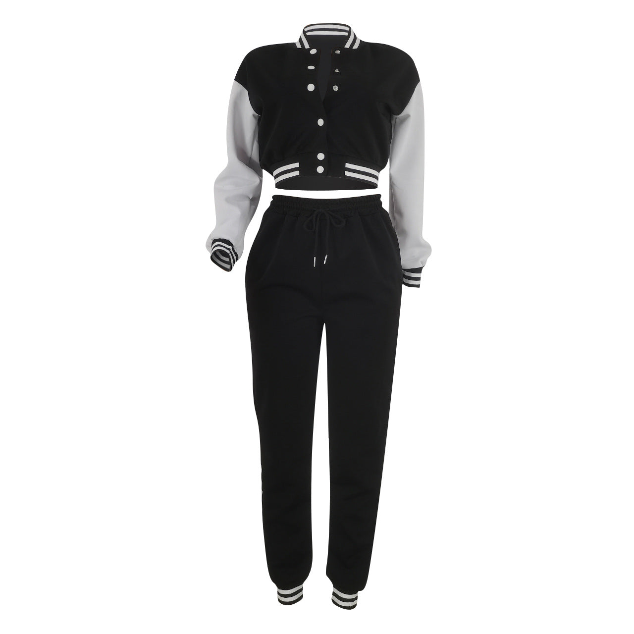 Women's Fashion Patchwork Single Breasted Baseball Jacket pants Two-Piece Suit 8