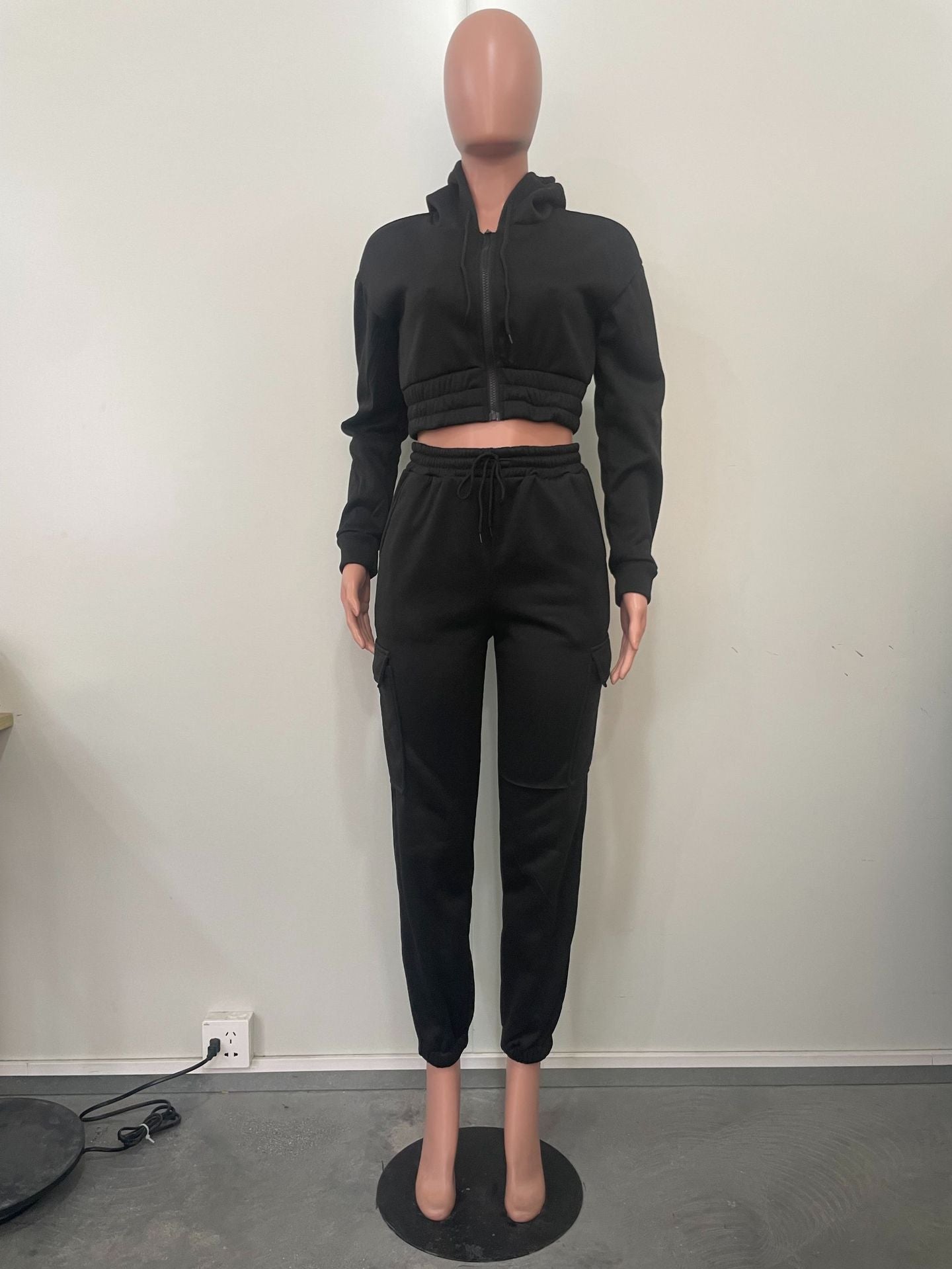 Autumn and winter Women fleece Hoodies and pocket trousers Solid two-piece set 11