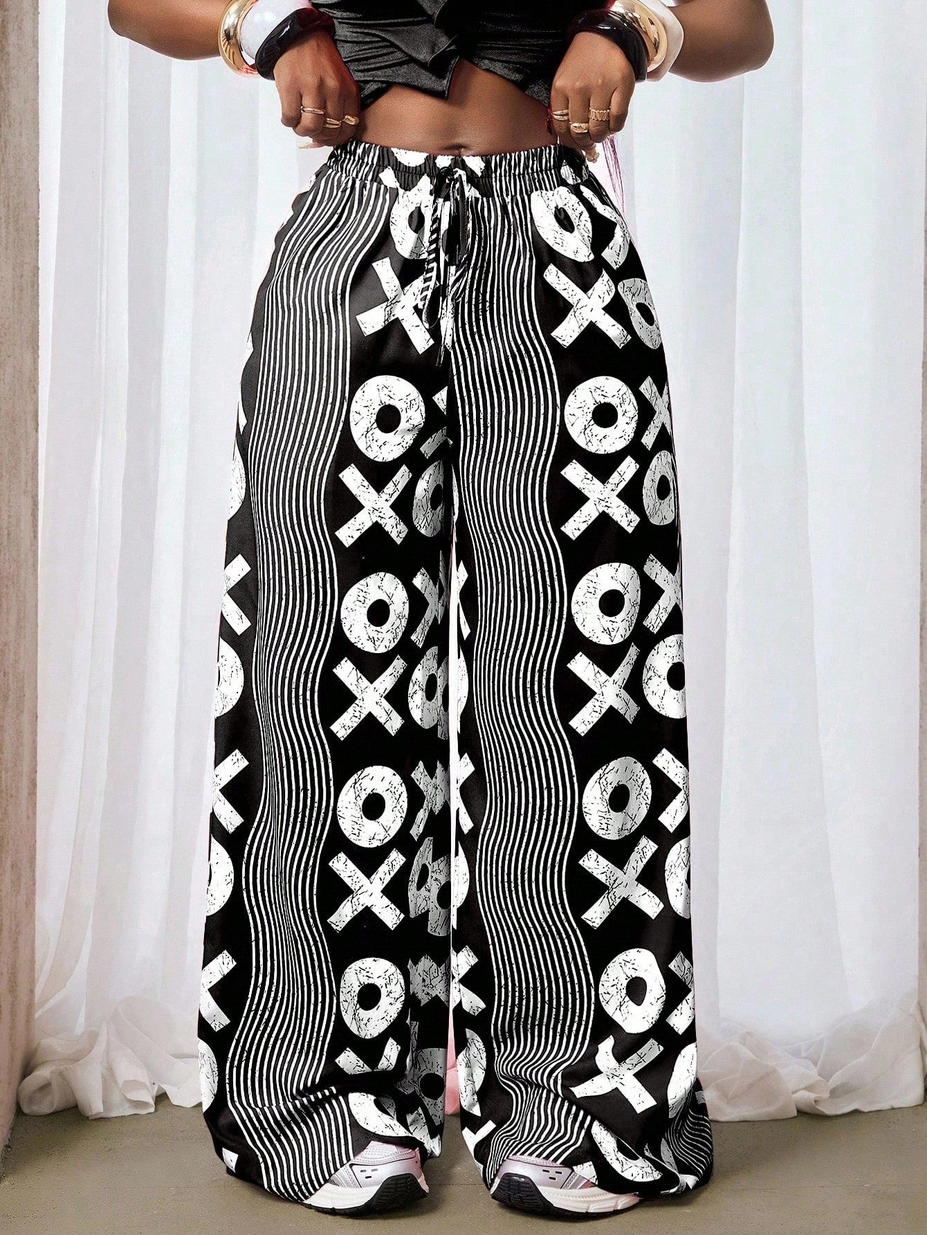 Women's Fashion Street Trendy Print Wide Leg Mid Waist Casual Long Pants 3