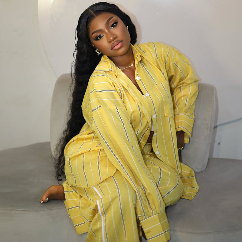 Plus size Women casual loose striped shirt pants Two Piece Set 4
