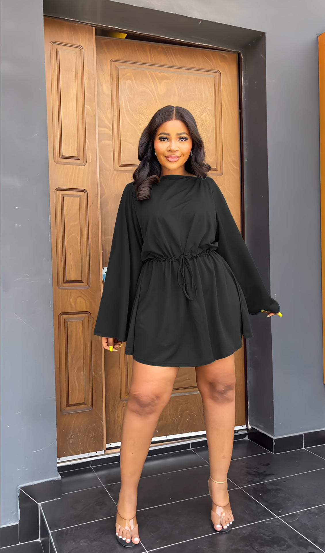 Bell Sleeve Drawstring Slim Waist Casual Women's Dress 3