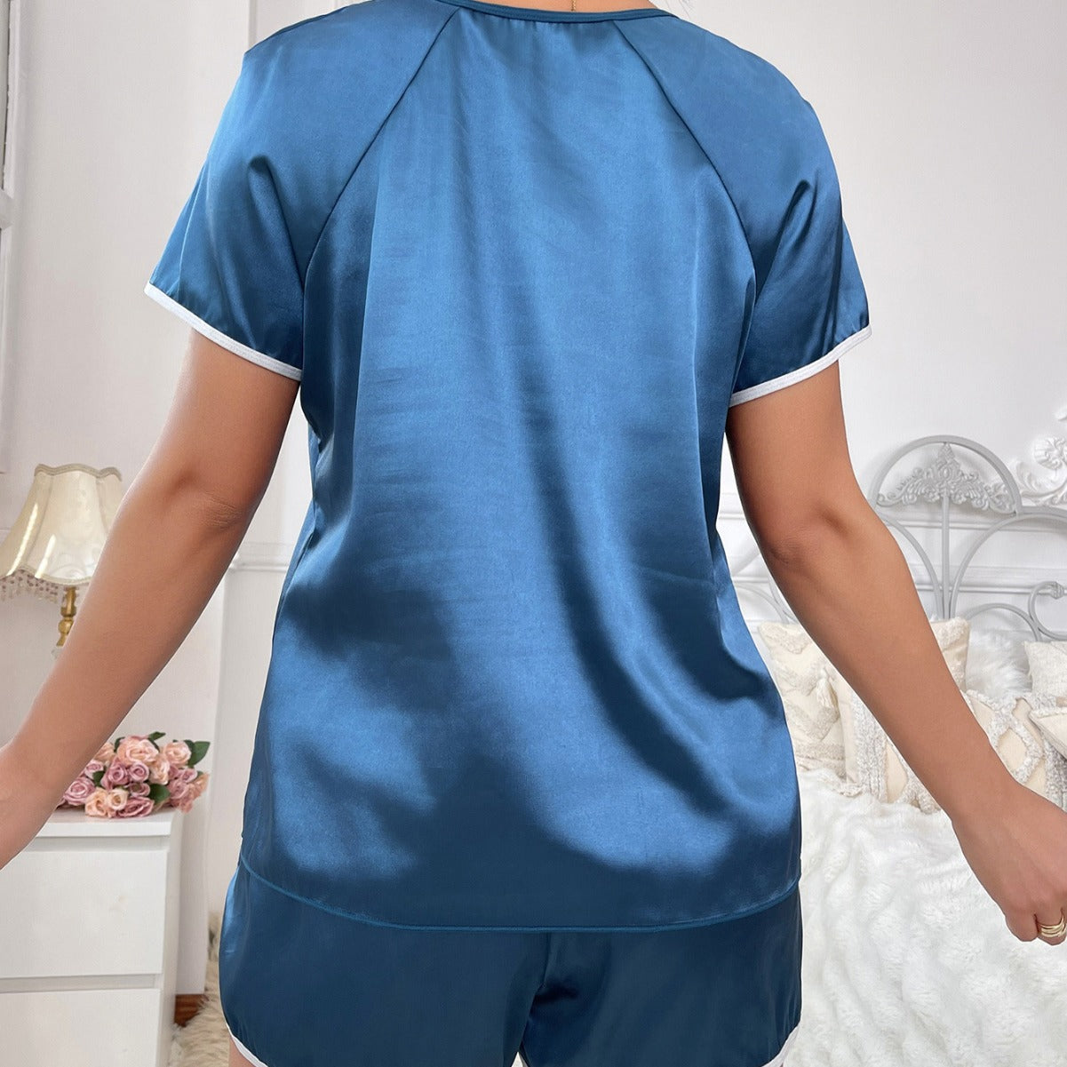 Contrast Color Short Sleeve Two Piece Home Set Satin Pajamas Set 3