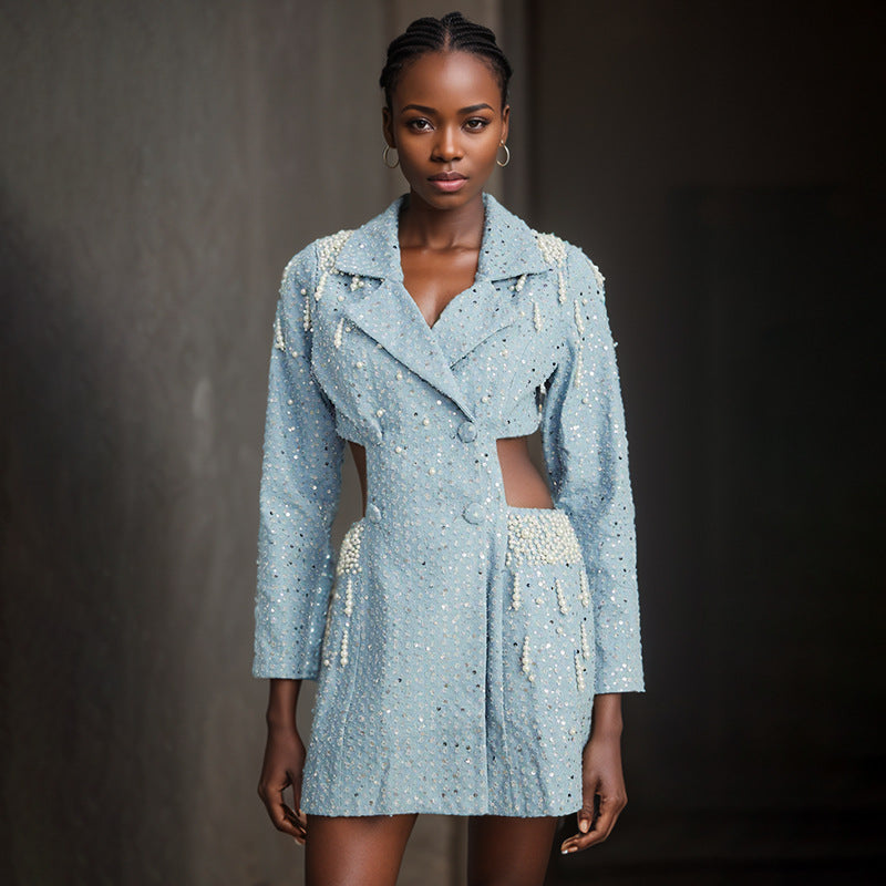 Women Sexy Open Waist Beaded Long Sleeve Blazer Dress