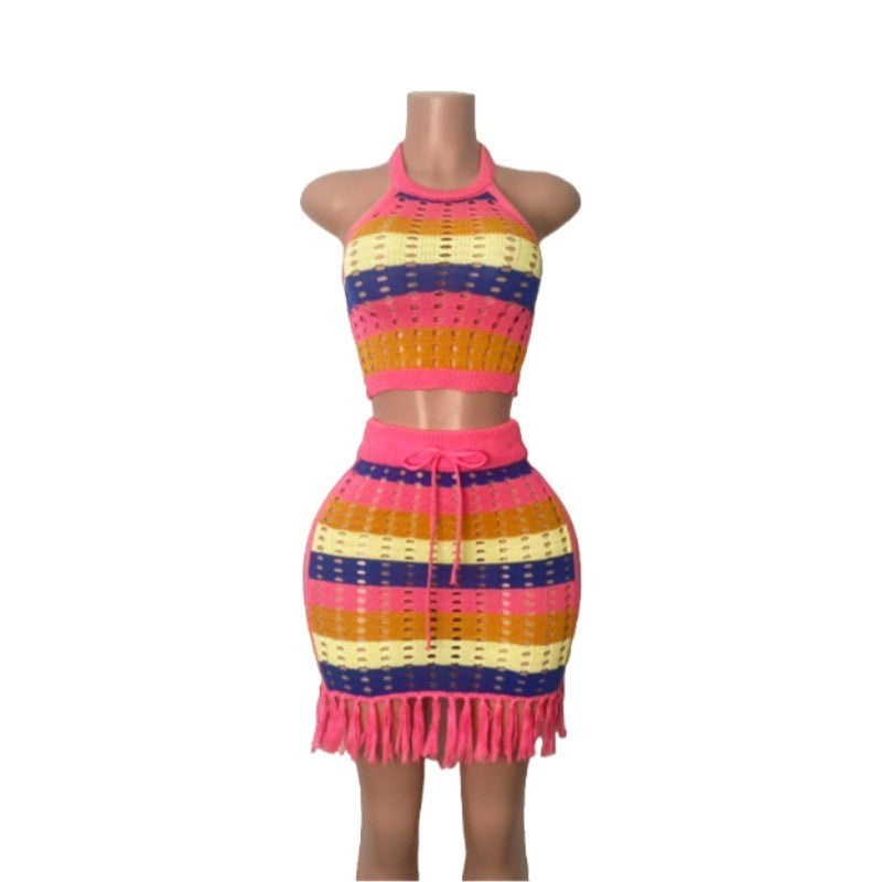 Women multi-color striped hollowed-out knitting halter neck top with tassel bodycon skirt, two-piece set. 13