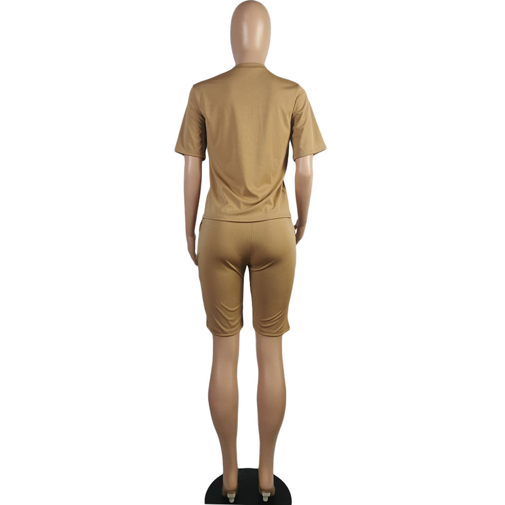 Women Clothing Solid V-Neck Tshirt+Pocket Shorts Two-Piece Set 22