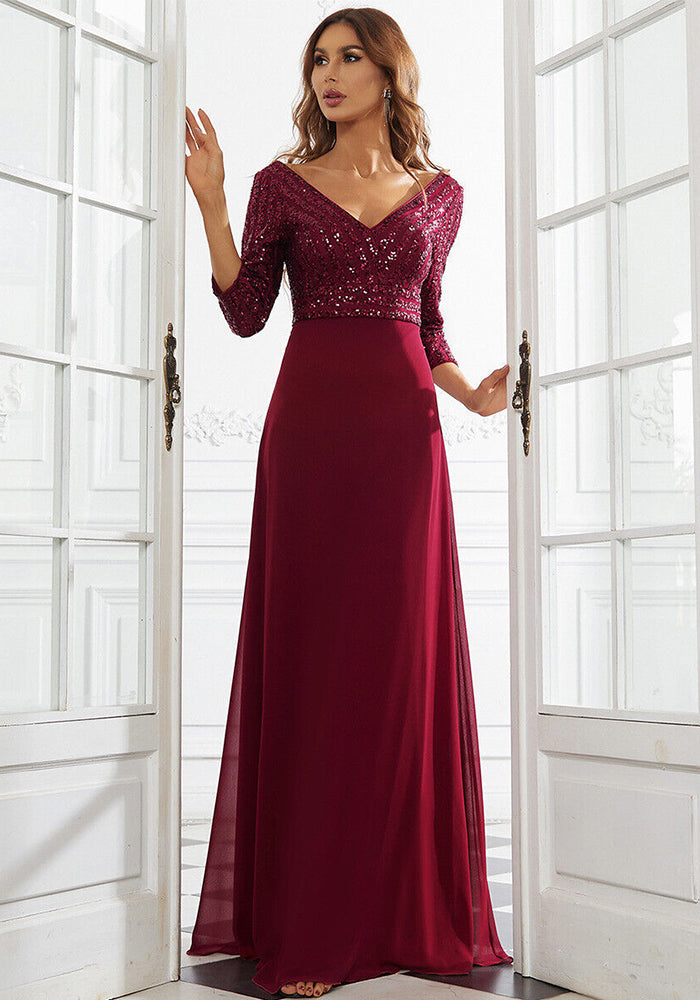 Women chiffon V-neck sequin Patchwork long-sleeved Evening dress
