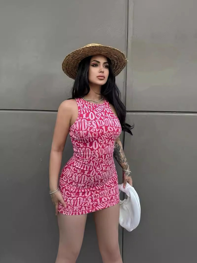 Women Sexy Summer Letter Print Round Neck Sleeveless Bodycon Dress 6