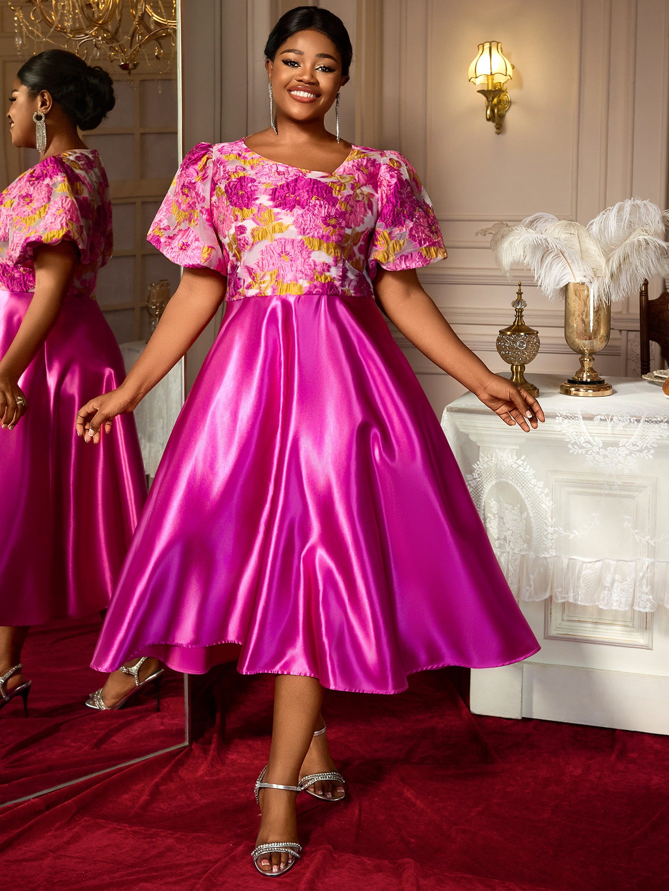 Plus Size Women's Floral Jacquard Satin Patchwork Midi Dress Slash Shoulder Puff Sleeve Formal Gown 5