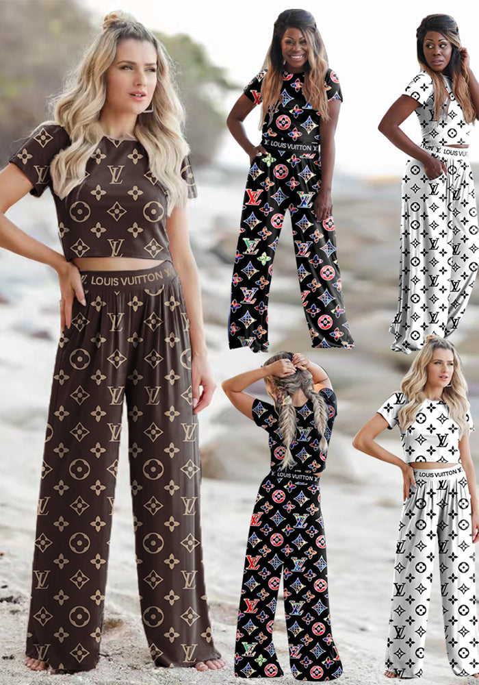 Women's Summer Sexy Short Sleeve Wide Leg Two-Piece Pants Set