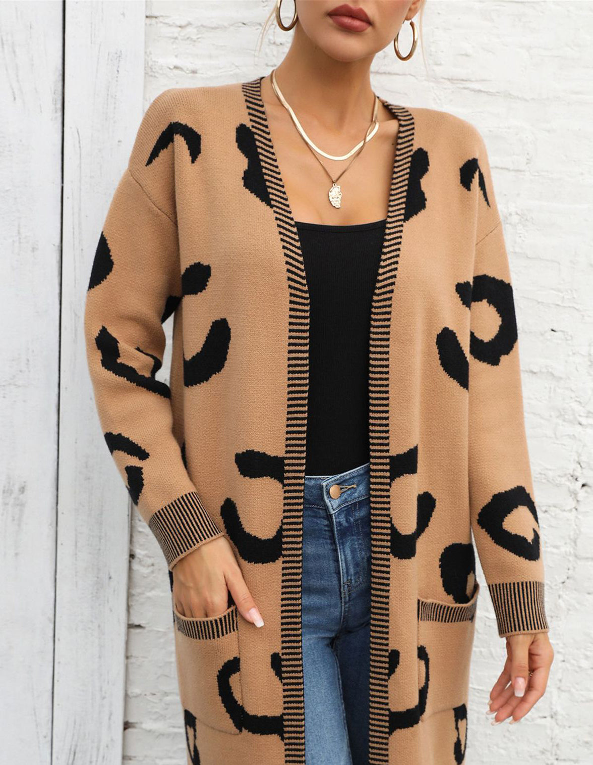 Plus Size Women Fall and Winter Leopard Knitting Cardigan Sweater 19