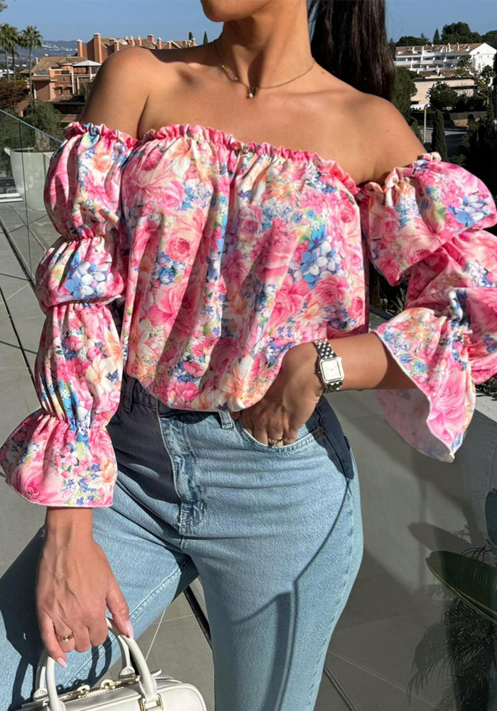 Off-Shoulder Solid Color Sexy Floral Print Long-Sleeve Shirt