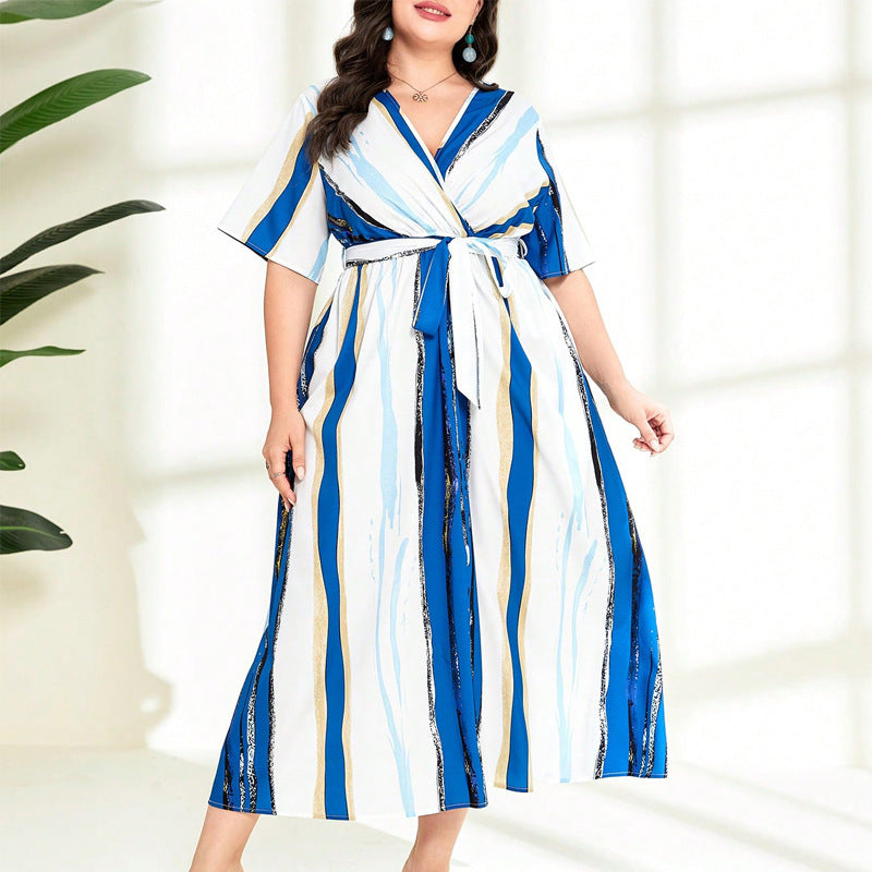 Plus Size Women's Spring Summer Fashion Color Block Striped Printed Lace Sexy V-Neck Short Sleeve Dress 6