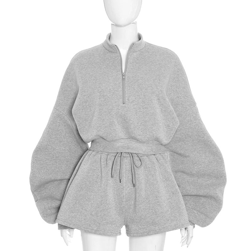 Women Fall/Winter Solid Casual Long-Sleeved Hoodies and Shorts Two-Piece Set 11