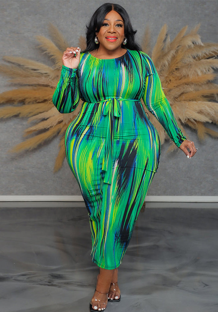 Plus Size Women's Round Neck Long Sleeve Irregular Striped Long Dress