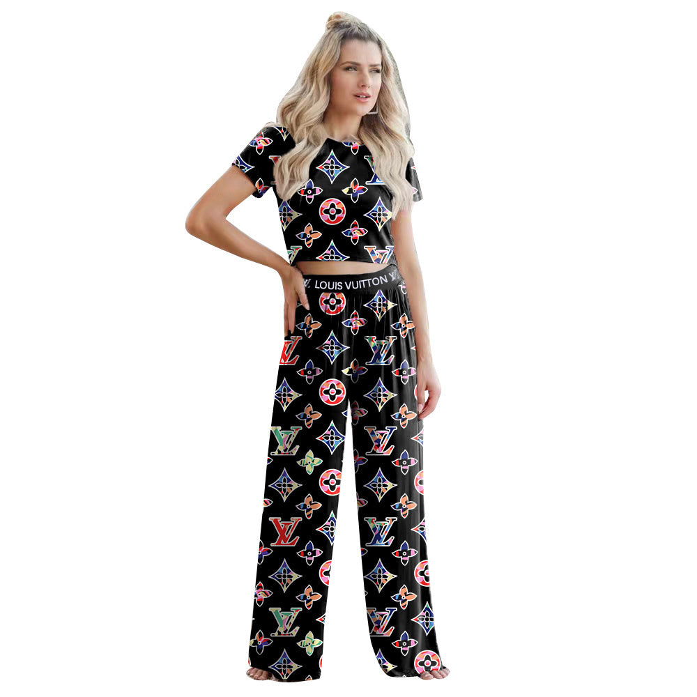 Women's Summer Sexy Short Sleeve Wide Leg Two-Piece Pants Set 30