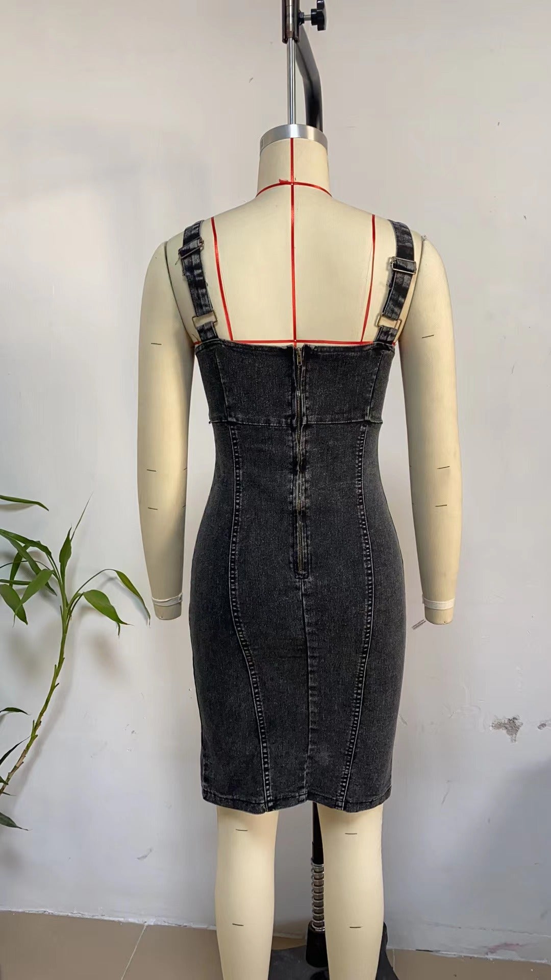 Sexy Slit U Neck Wide Strap Washed Bodycon Denim Dress 5