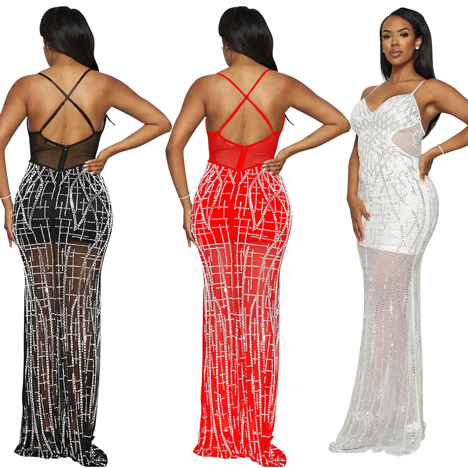 Fashion Women's Solid Color Mesh Beaded Straps Long Dress 8