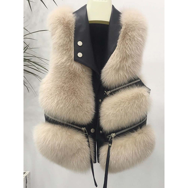 Autumn Winter Fox Fur Vest Turndown Collar Zipper Short Patchwork Faux Fur Fashion Sleeveless Coat 7