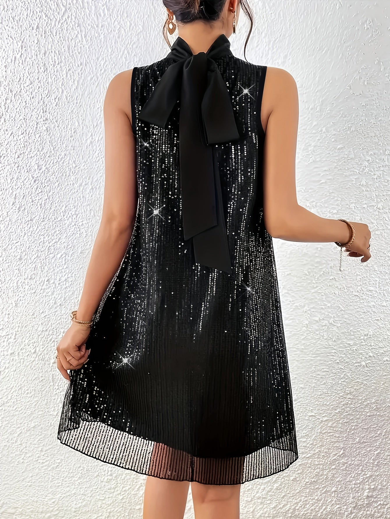 Women's Fashion Elegance high Neck Sleeveless Sequin Plus Size Short Dress 5