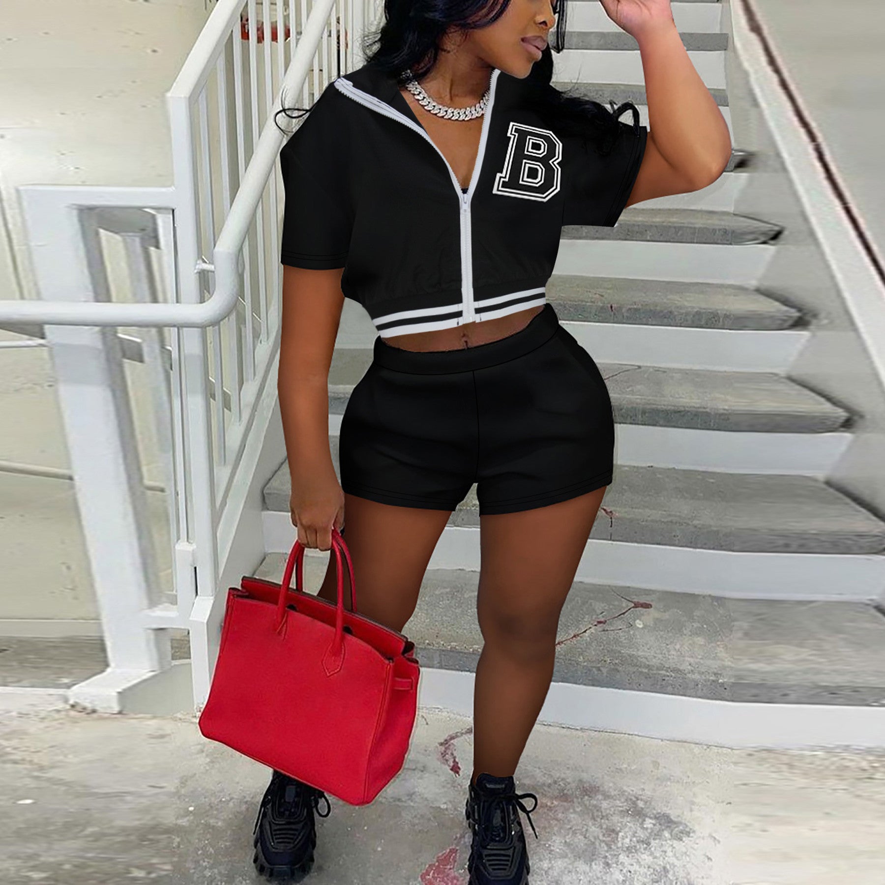 Women Summer Solid Zipper Print Top and Shorts Casual Two-piece Set 5