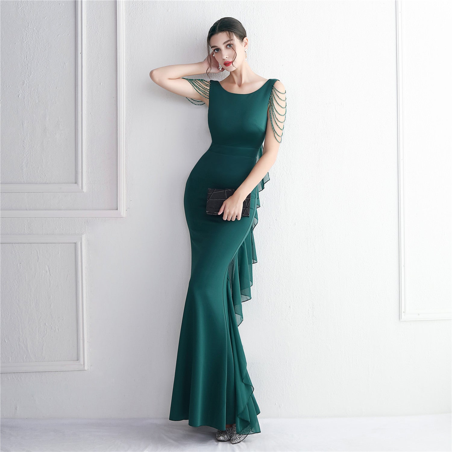Chiffon Satin Beaded Long Formal Party Slim Evening Dress Chic Elegant Long Annual Meeting Host Dress 11