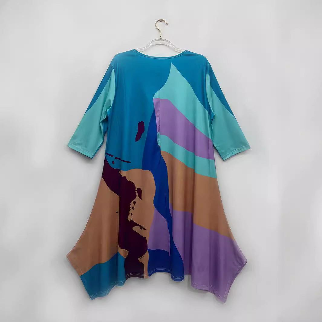 Plus Size Women Print cape dress 4