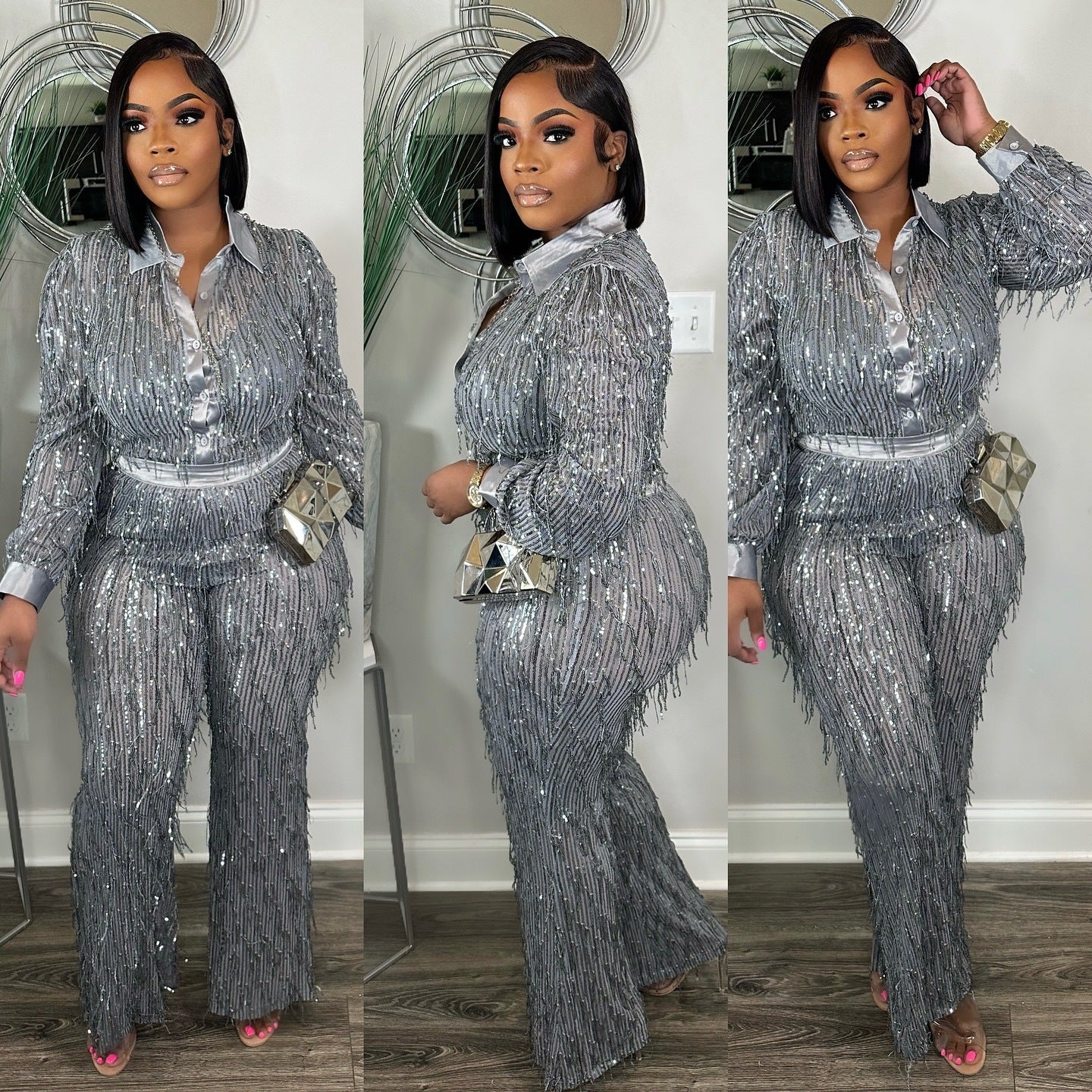 Women sexy fringed sequin See-Through long-sleeved shirt and pant two-piece set 3