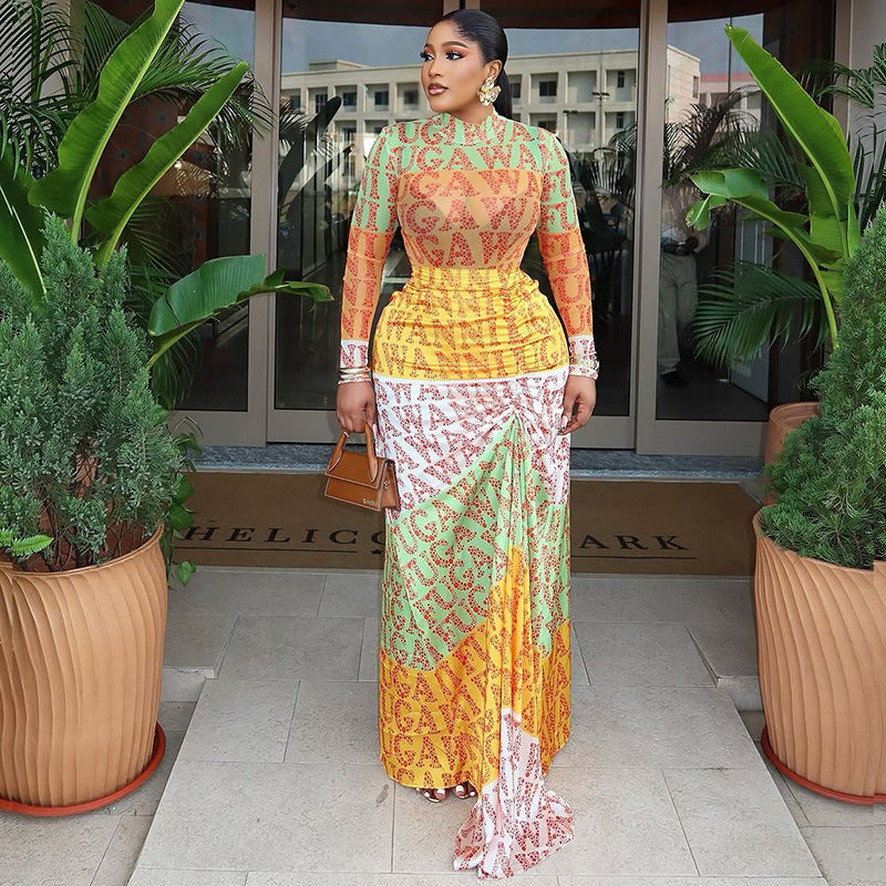 Printed Chic Women's Slim Waist High-Neck Long-Sleeve Sheer Patchwork Long Dress 4