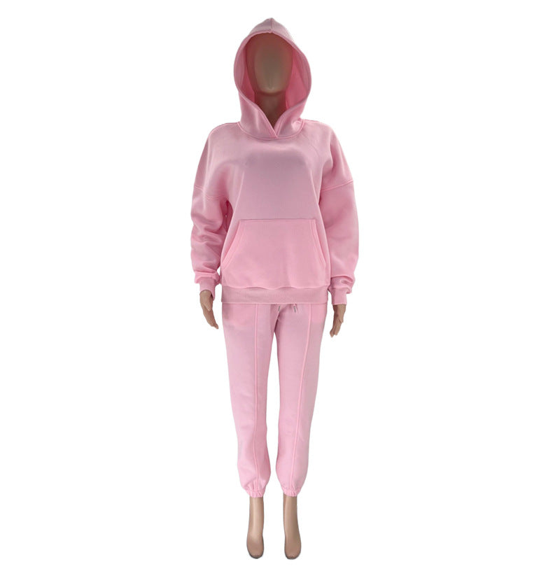 Autumn and winter solid color fleece Hoodies pants two-piece fashionable casual set 20