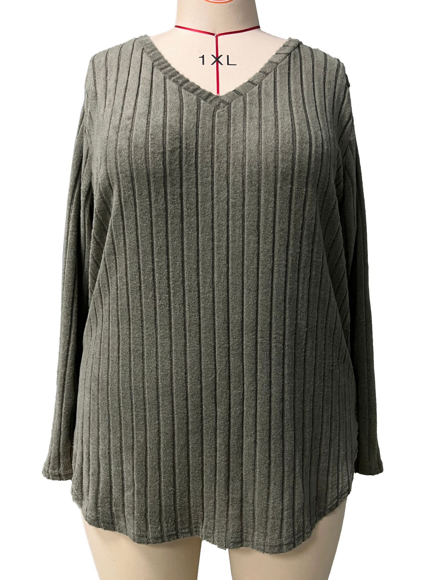 Women's Autumn Winter Solid Color Ribbed V-Neck Plus Size Pullover Top 29