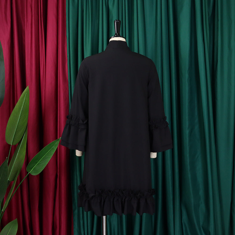 Women Loose CasualRuffle Edge Solid Dress 18