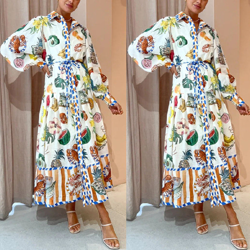 Autumn Single-Breasted Graffiti Print Belt Long Sleeve Casual Shirt Dress 3