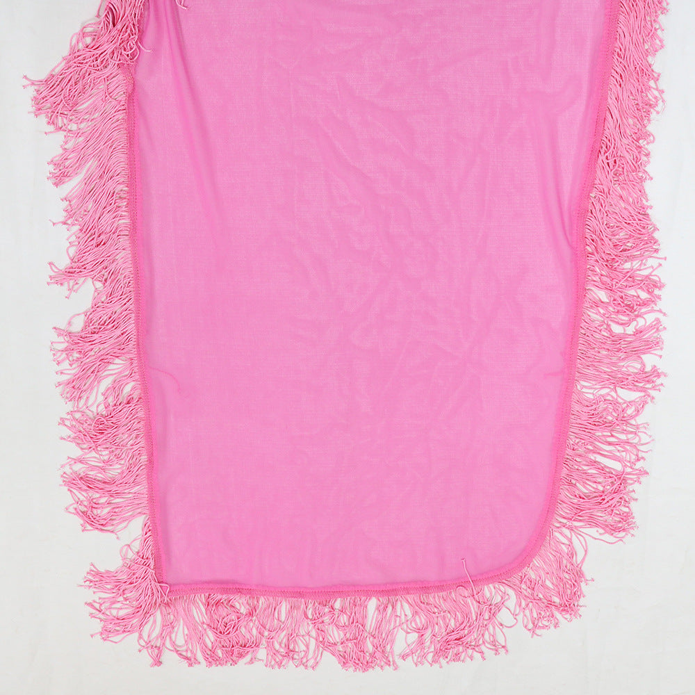 Sexy Solid Color Beaded Slash Shoulder Tassel Irregular Dress For Women 18