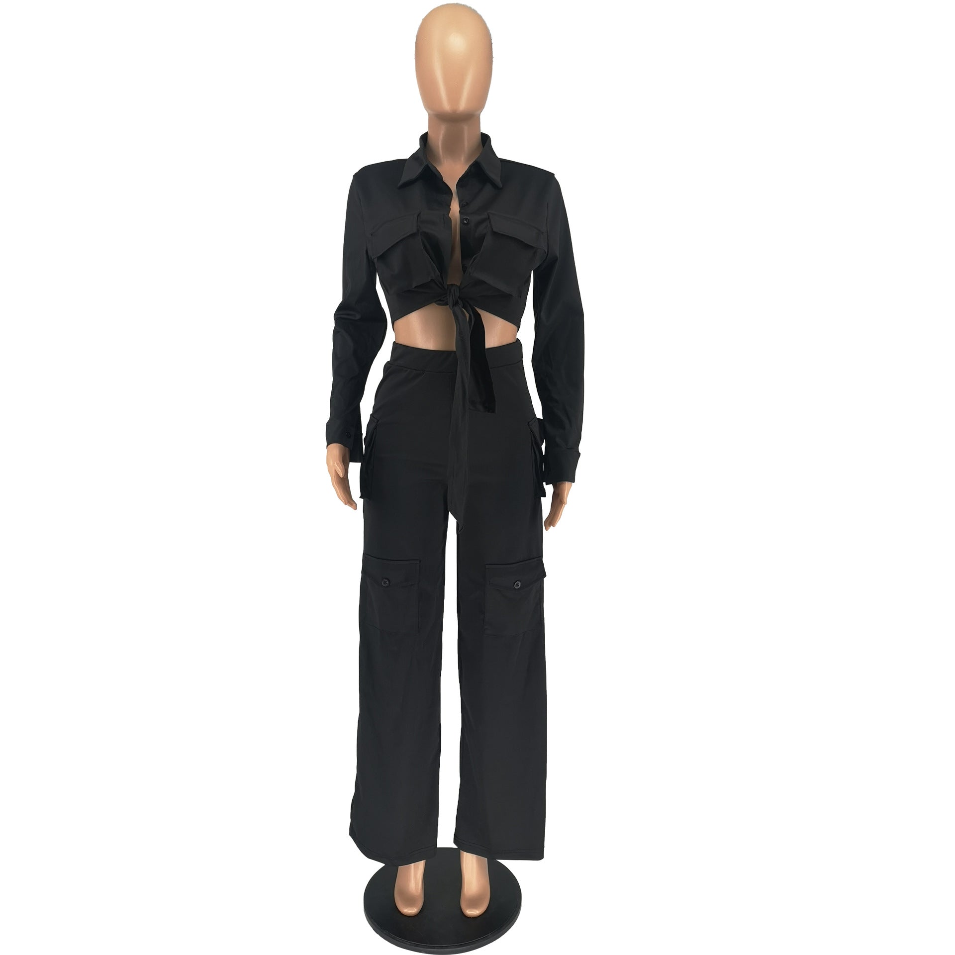 Women Cargo Long Sleeve Top and Wide Leg Pants Solid Two-Piece Set 21