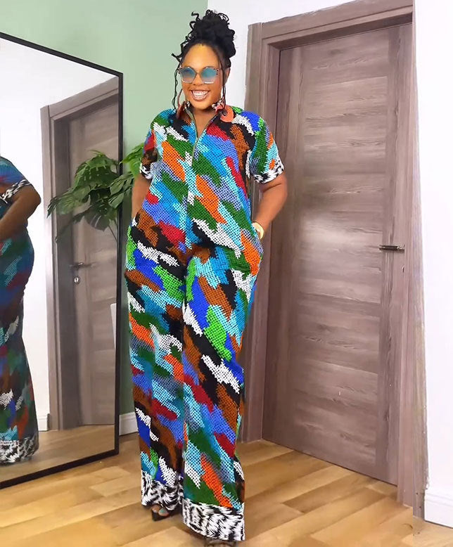 Sexy Printed Wide Leg Zip Loose Jumpsuit