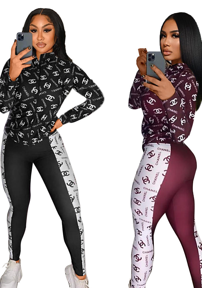 Women's Casual Fashion Chic Color Block Print Zipper  Two-Piece  Pants Set