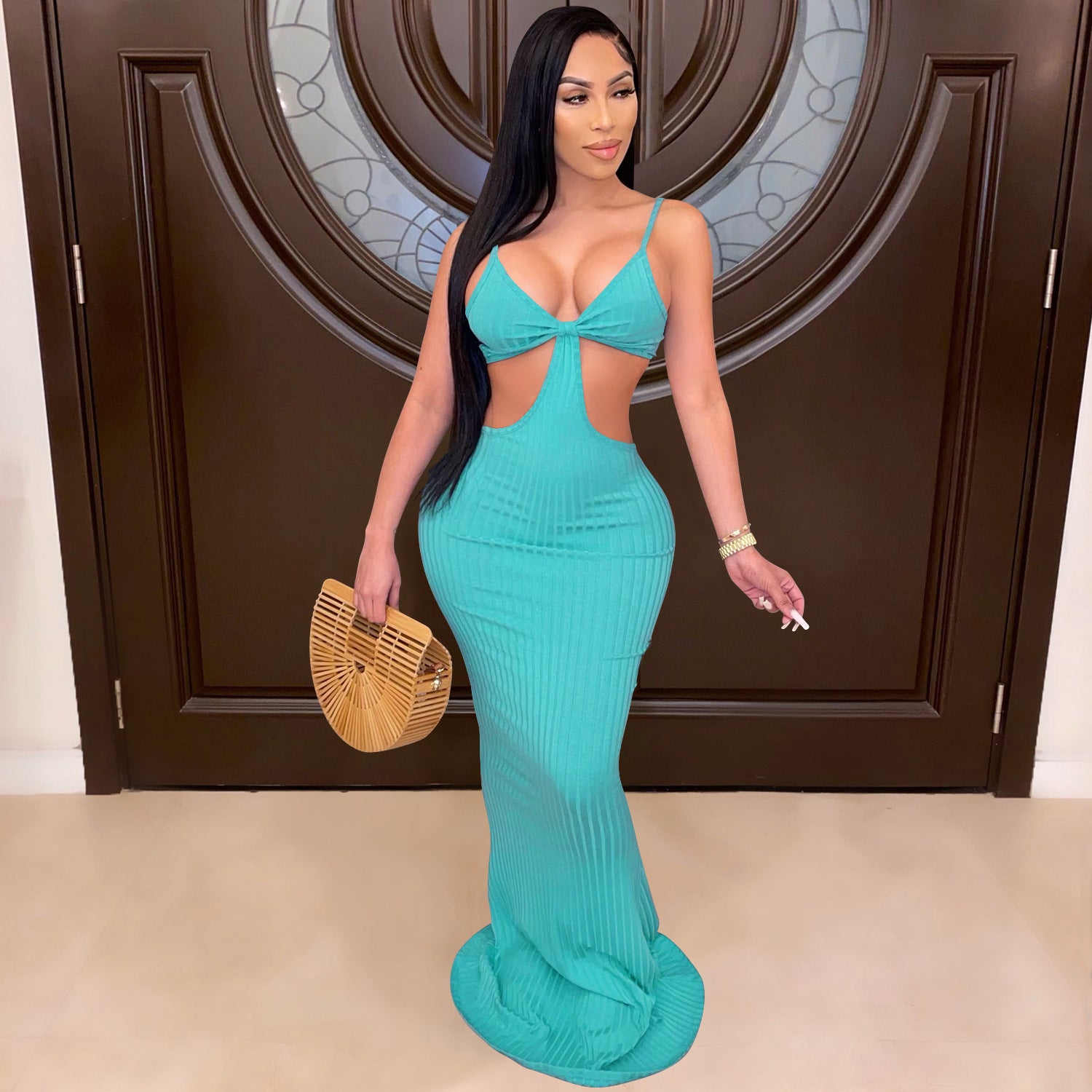 Sexy Knitted Strap Solid Color Dress for Women 20