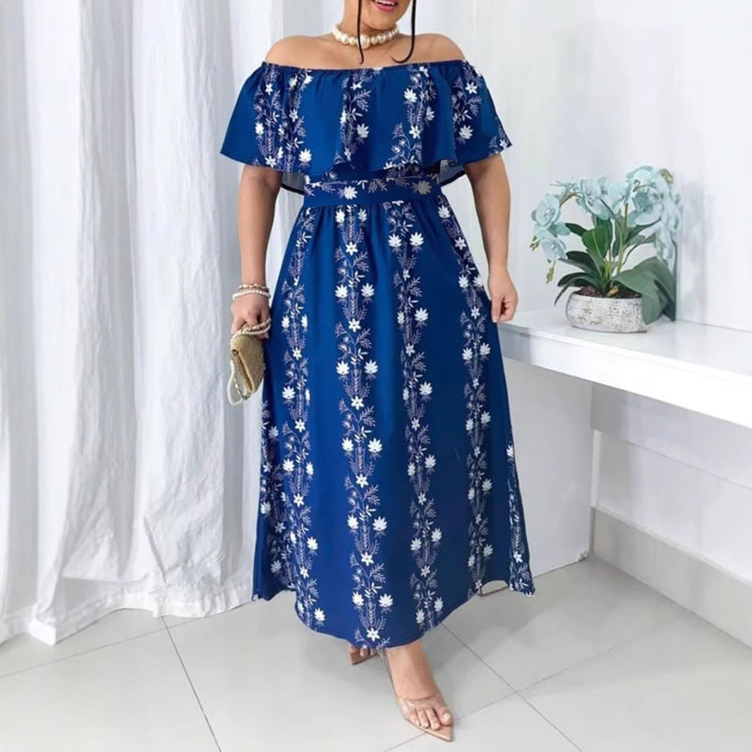 Plus size Women summer off shoulder print elegant dress 5
