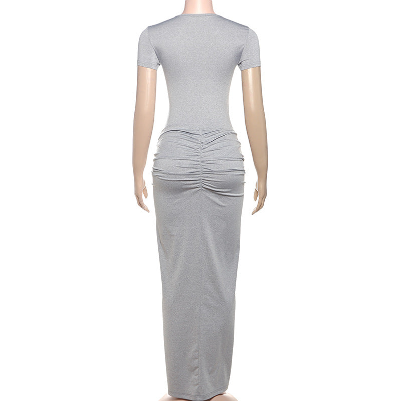 Spring Women Solid Round Neck Short Sleeve Bodysuit Sexy Slit Skirt Two-Piece Set 9