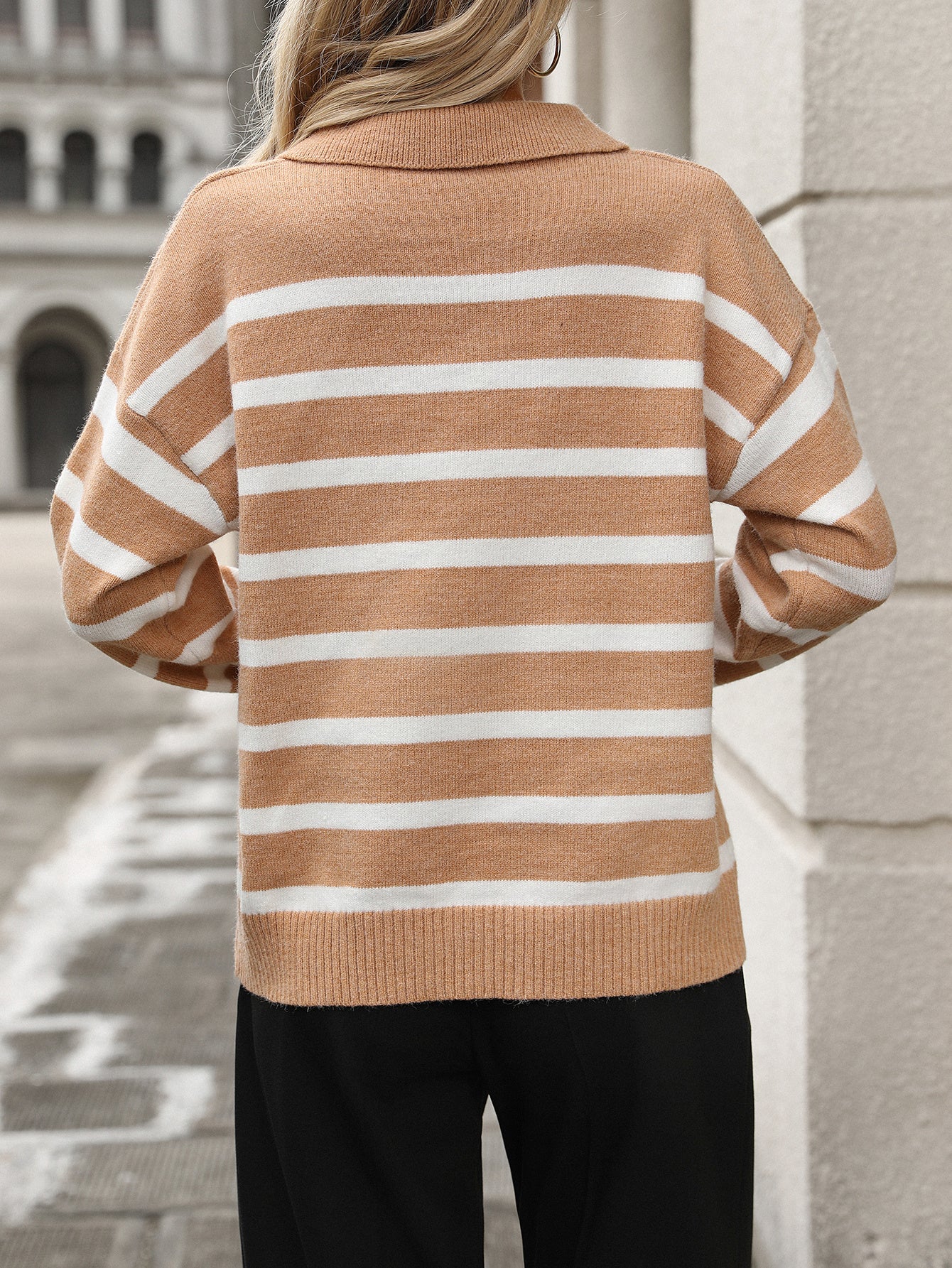 Autumn And Winter Women's Fashion Stripe Turndown Collar Loose Knitting Sweater 15