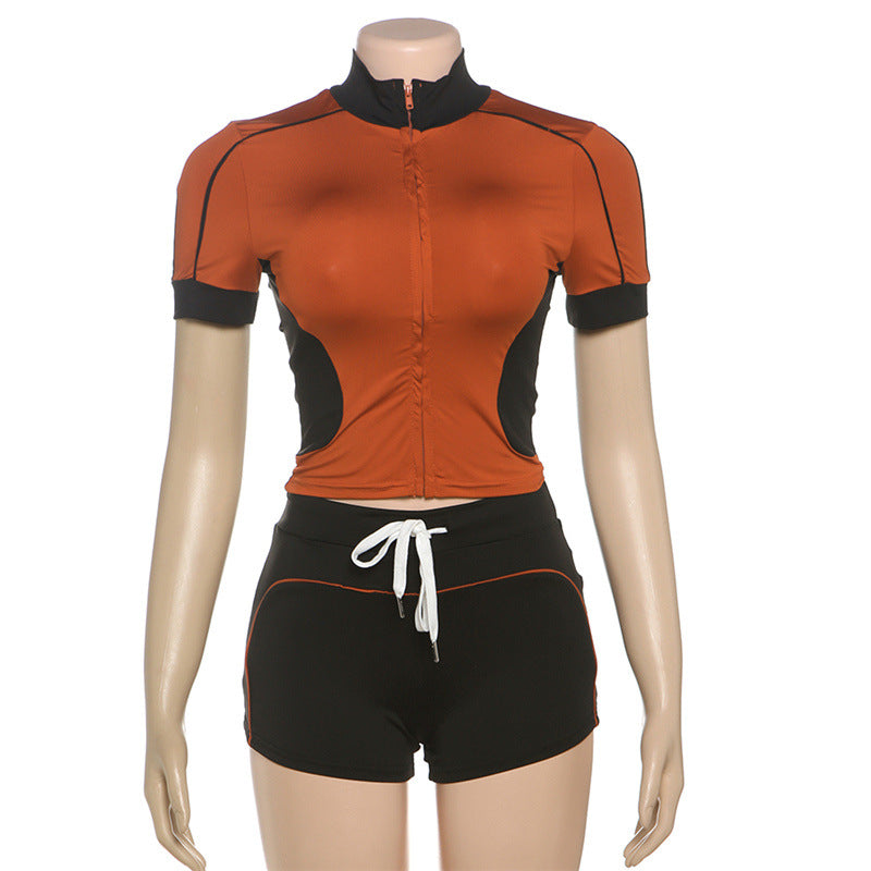 Fashionable Stand Collar Slim Fit Fitness Top & Shorts for Casual Sports Set 14