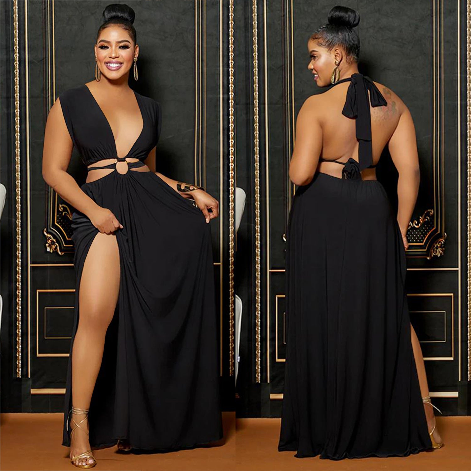 Fashion Women's Solid Low Back V-Neck Sleeveless Long Dress 11