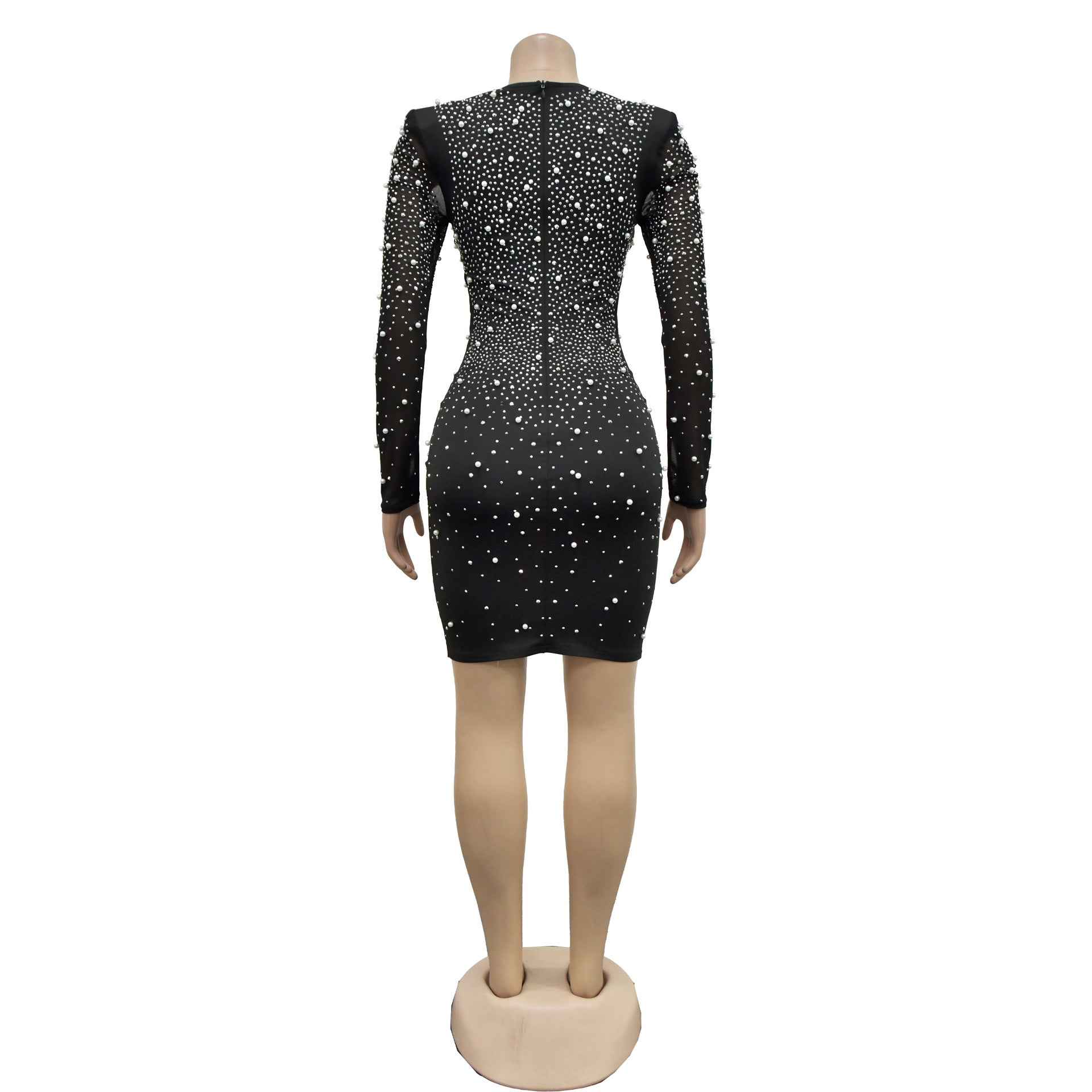 Fashion Women's Solid Color Beaded Mesh Long Sleeve Bodycon Dress 9