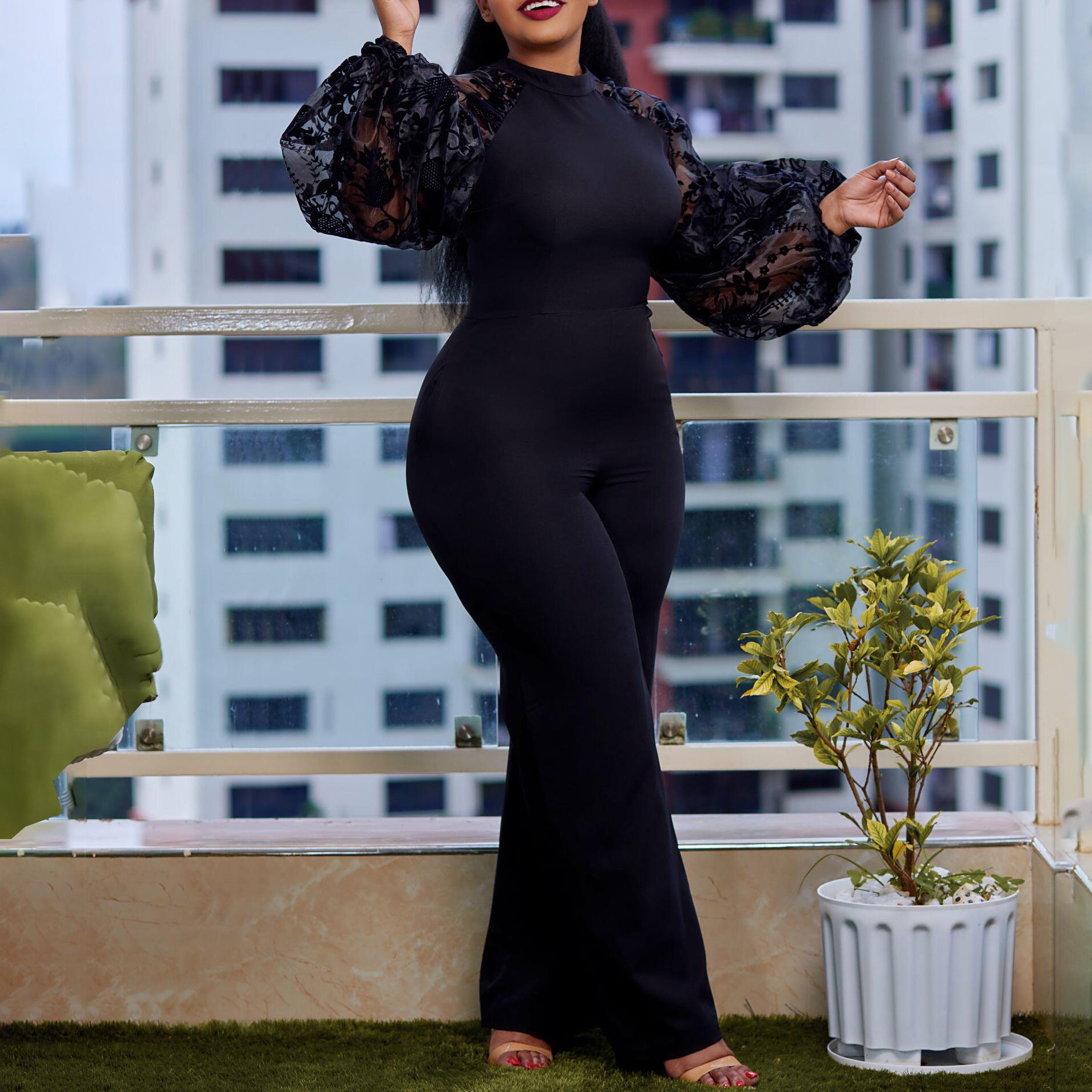 Plus Size Women Loose Patchwork Puff Sleeve Wide Leg Jumpsuit with Belt 3