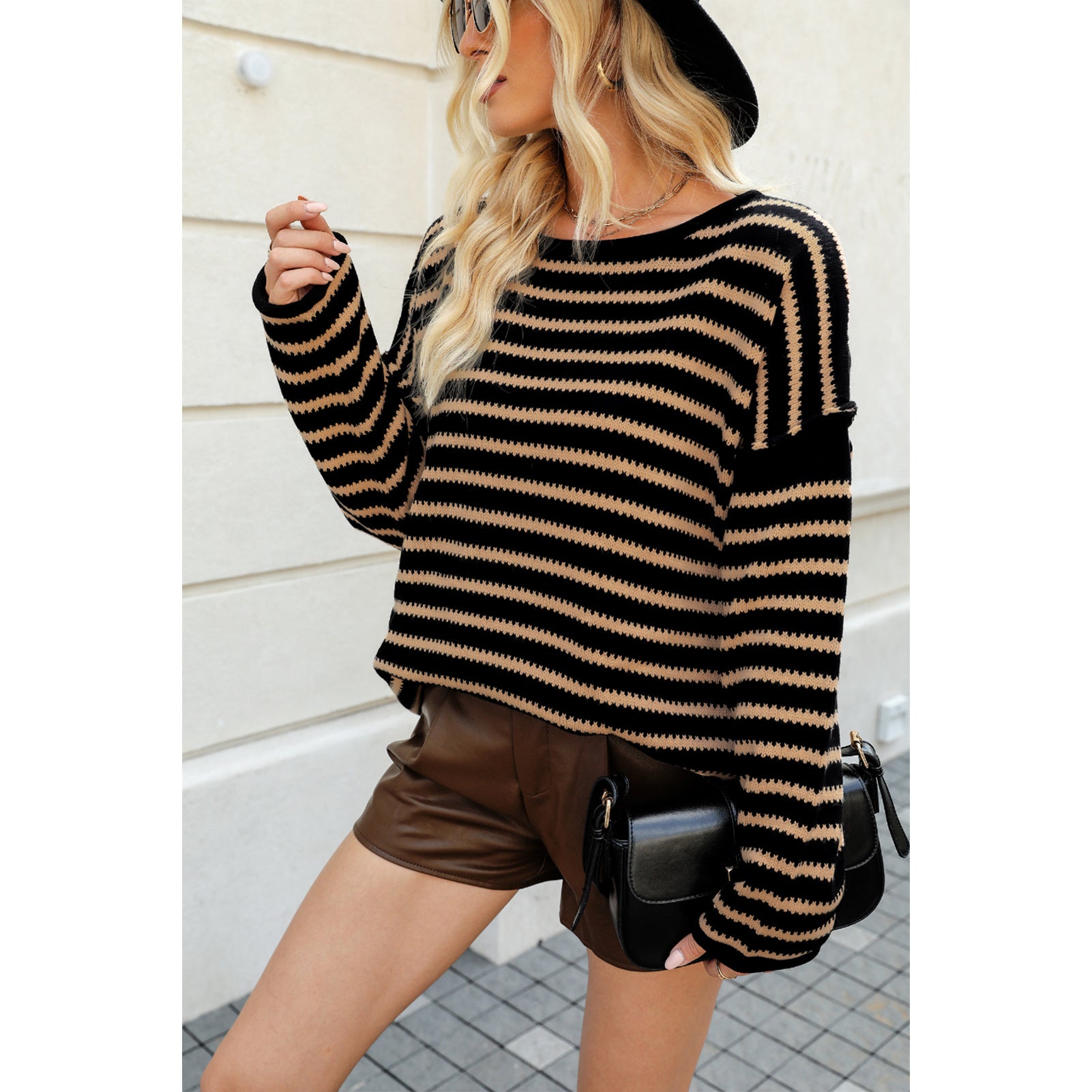 Women Striped Knitting Loose Bat Long Sleeve Sweater 6