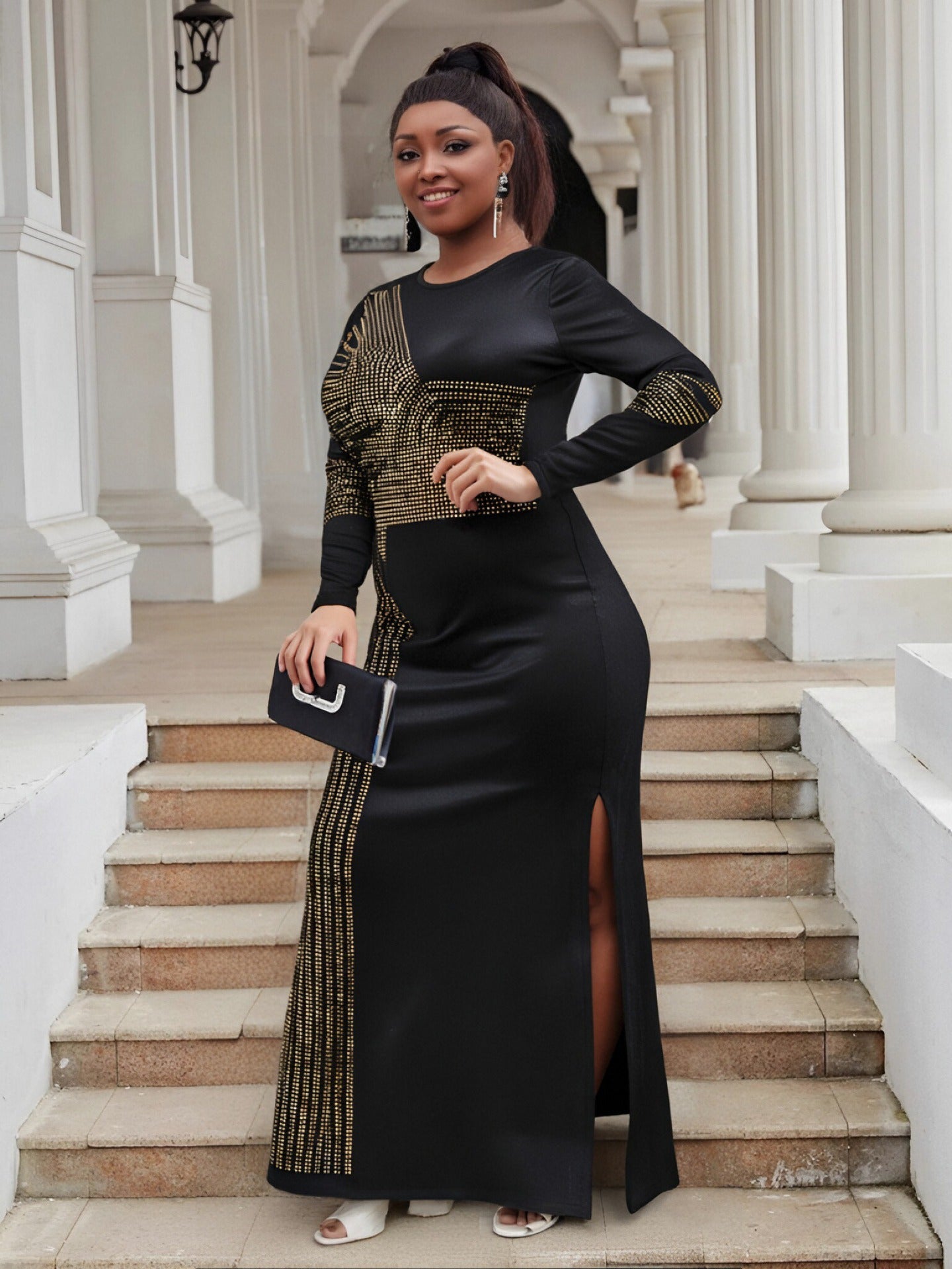 Sexy Long Sleeve Round Neck Beaded Split Dress Plus Size Women's Nightclubwear 6