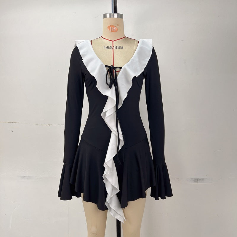 WomenŸ??s Fashion Color Block Ruffled V-neck Bell Sleeves Casual Dress 8