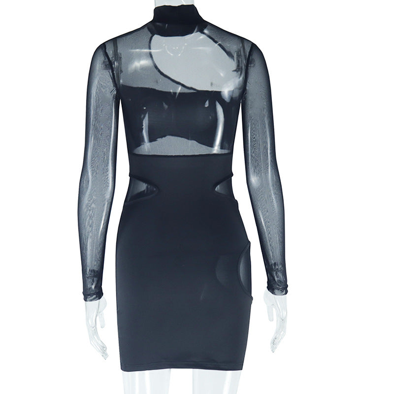 Women Solid Sexy Hollow Mesh Patchwork Bodycon Dress 10